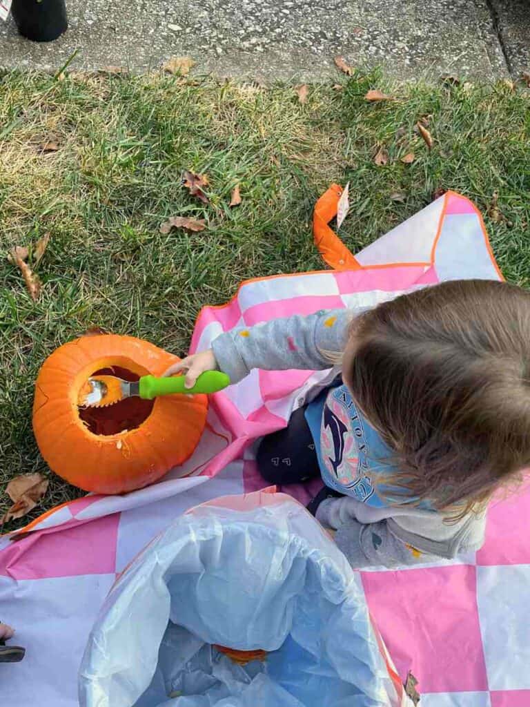 Preschooler scooping out pumpkin seeds