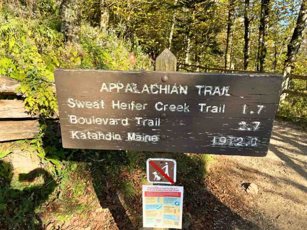 Appalachian Trail sign on Charlie's Bunion Trailhead GSMNP
