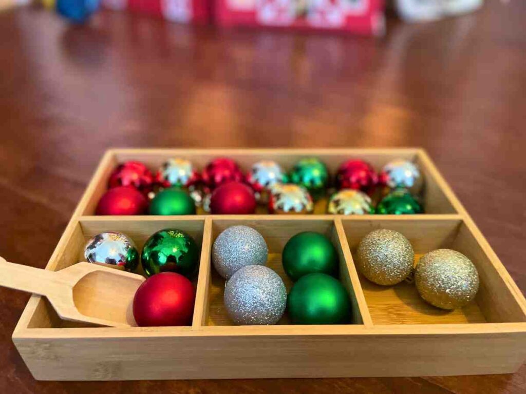 Christmas ornament sorting activity for toddlers and preschoolers
