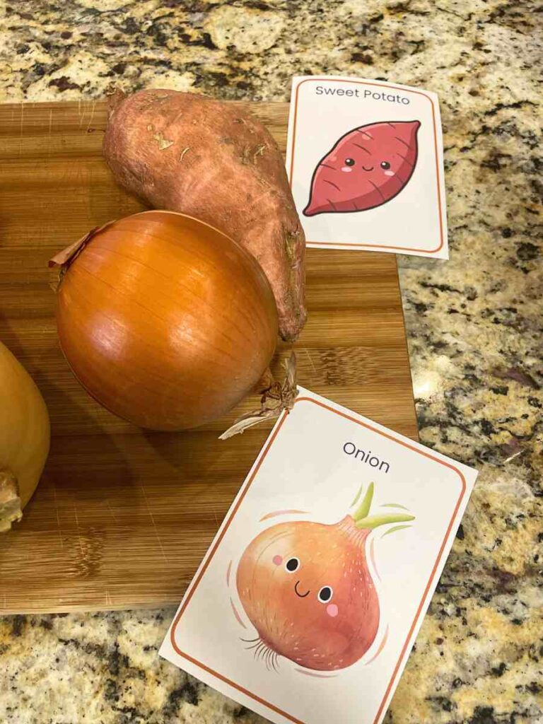 Matching harvest vegetables to language cards preschool activity 